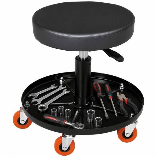 Adjustable Rolling Workshop Stool With Tool Storage Tray, 360° Swivel Casters Pneumatic Garage Mechanic Stool, Height 38-48cm, PU Padded Seat, Black