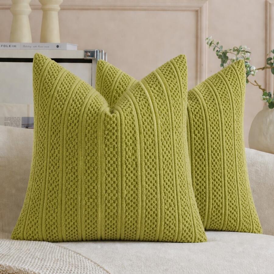 1 PC Decorative Pillow Case Soft Corduroy Solid Color Square Pillow Cover Bohemian Striped Windmill Patchwork Texture Cushion Cover Suitable For Sofa Car Bed Living Room - Sprout Green - View 1