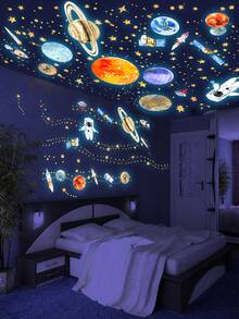 Glow In The Dark Outer Space Planet Wall Stickers, Astronaut Rocket Satellite Star Wall Decals, Removable Self-Adhesive Wall Decor, Suitable For Boys Bedroom, Ceiling Decoration - Multicolor - View 1