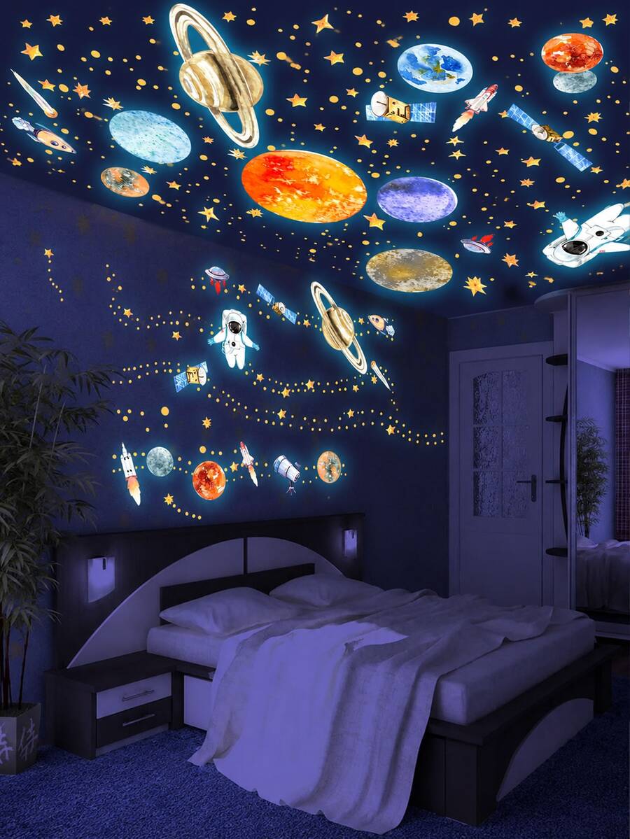 Glow In The Dark Outer Space Planet Wall Stickers, Astronaut Rocket Satellite Star Wall Decals, Removable Self-Adhesive Wall Decor, Suitable For Boys Bedroom, Ceiling Decoration - Multicolor - View 1