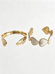 Women 2Pcs Stackable Bracelets Sets High Street Fashion Wide Ribbon Shape Stainless Steel Cuff Bangle Chunky Open Cuff Adjustable Wrist Jewelry Hot - Gold - View 18