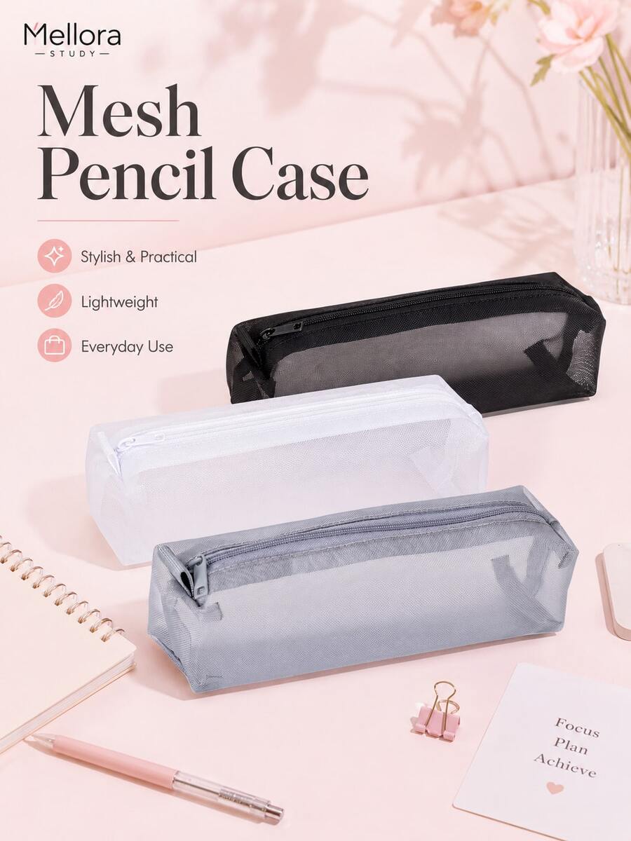 Estojo de Lápis de Malha Mellora, 3 Cores Disponíveis (Preto/Branco/Cinza), Bolsa de Papelaria com Zíper de Malha Transparente Leve, Bolsa de Armazenamento Portátil Retangular Única, Adequada para Organização de Ferramentas de Escrita Diárias em Casa e Escritório - Vários estilos - Visão 1