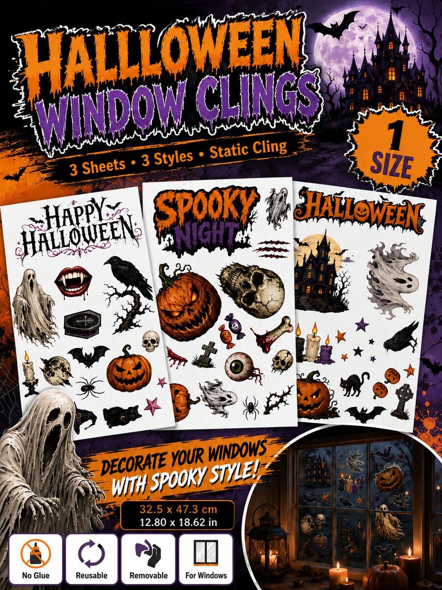 SupSticker 1PC 3 Sheets Halloween Window Clings, Spooky Ghost Pumpkin Bat Static Stickers, No Adhesive Reusable Decor For Home, Office And Party - 1PC - View 1