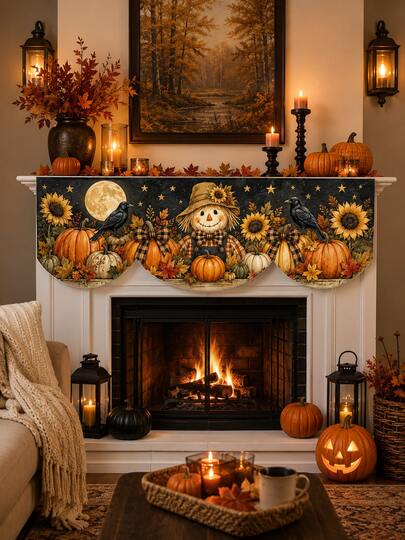 1pc-Fall Halloween Fireplace Mantel Scarf, Scarecrow Pumpkin Crow Mantel Cover, Farmhouse Autumn Fireplace Mantle Runner With Sunflowers Leaves For Home Decor