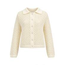 Women's Crochet Knitted Cardigan With Collar And Long Sleeves, Button Front Casual Fall Top - Apricot - View 6