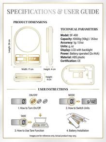 SOKANY 精準 10000g-1g 數位廚房秤 - 附 LCD 顯示螢幕，使用 AAA 電池供電，ABS 材質製成。採用懸掛式設計方便放置，底座附吸盤增加穩定性，適合居家與辦公室使用 - 白色 - 查看 5