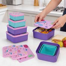 4 piezas de cajas de almuerzo apilables con patrón de dibujos animados a prueba de fugas, contenedores de almacenamiento de aperitivos - Multicolor - Ver 6