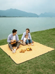 CAMEL CROWN Outdoor Moisture-Proof Mat, Portable Thickened Picnic Blanket, Foldable Waterproof Ground Pad, Suitable For Camping - Yellow and White Plaid - View 1