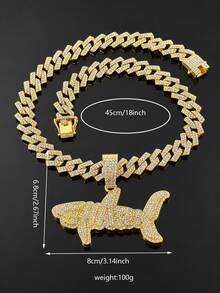 European & American Hip Hop Full Rhinestone SHARK Shark Letter Pendant Cuban Chain, Unisex Heavy Rhinestone Inlaid Thick Chain, American Rap Street Style Personalized Gold & Silver Dual Color Collarbone Accessory - Shark - View 3