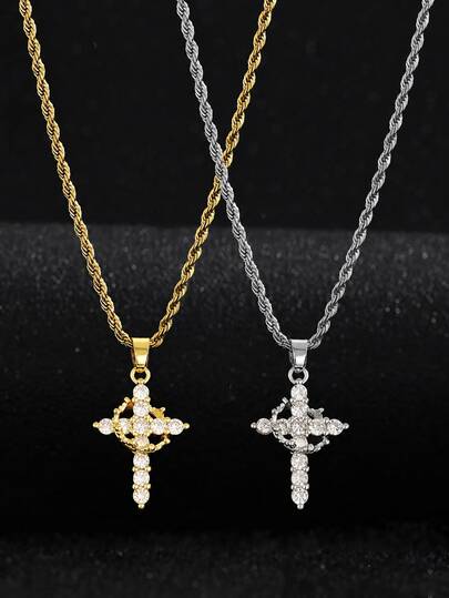 1pc Cubic Zirconia Decor Crown Cross Pendant Twisted Rope Chain Necklace For Party Dates Christmas & Birthday Gift For Daily Life