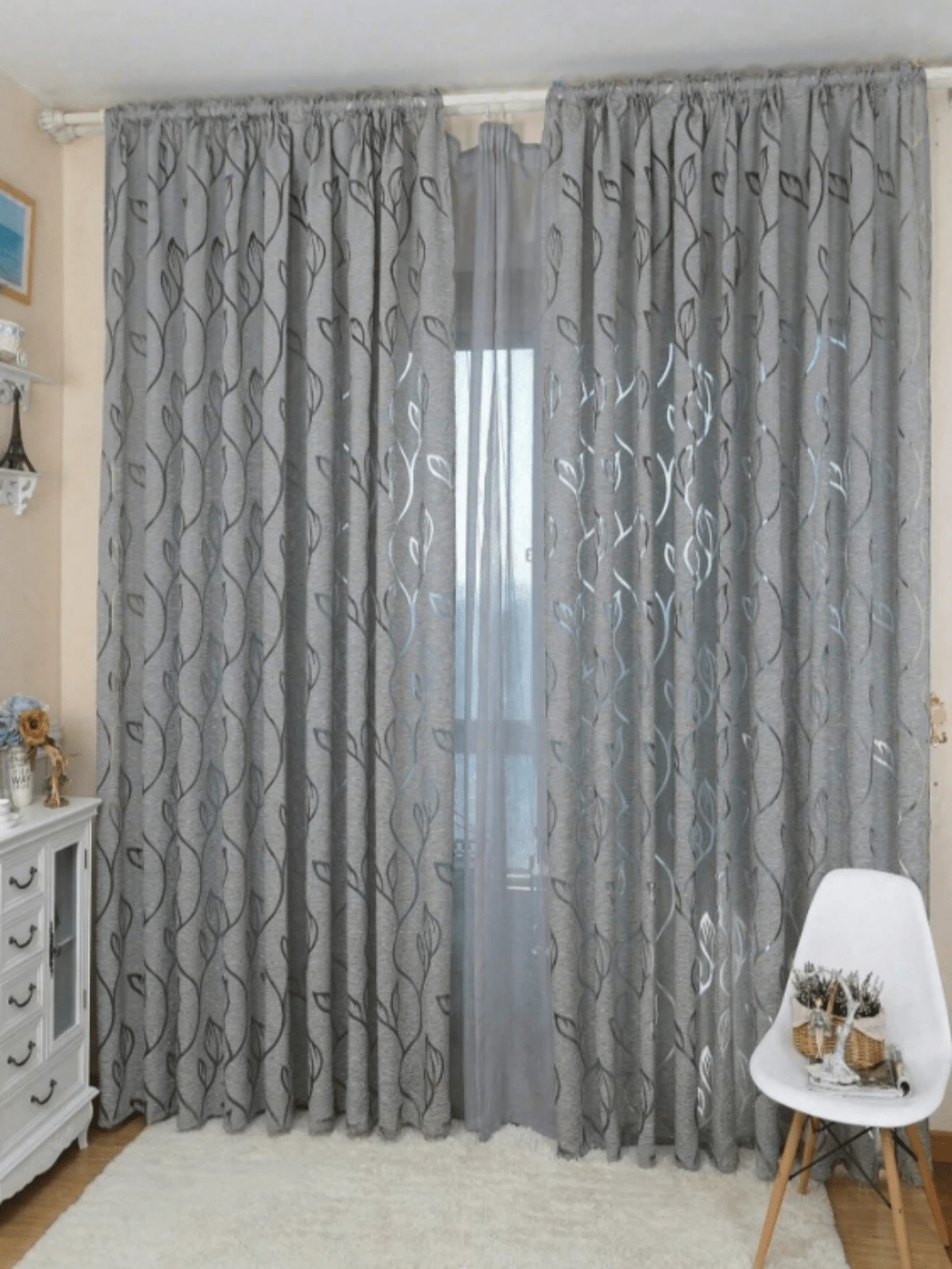 1pc Floral-Patterned Sheer Curtains; Lightweight, Gray Semi-Blackout Curtains; Decorative Curtains Suitable For Living Rooms And Bedrooms - Grey - View 1