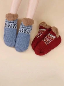 1 Pair Random Nordic Fair Isle Jacquard Thermal Lined Floor Socks - Multicolor - View 2