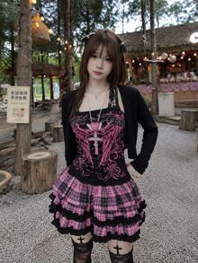 Fashion Wing Print Rhinestone Decor Lace Patchwork Halter Top Black Summer - Black - View 3