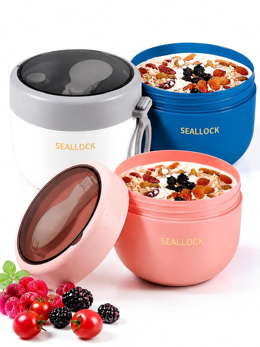 1pc Breakfast Oatmeal Cup, Plastic Lined, Portable Yogurt Cup With Lid, Spoon And Silicone Handle, Food Container, Lunch Box, Leak-Proof Food Storage, Suitable For Kitchen, School, Outdoor, Office, Back To School Essential