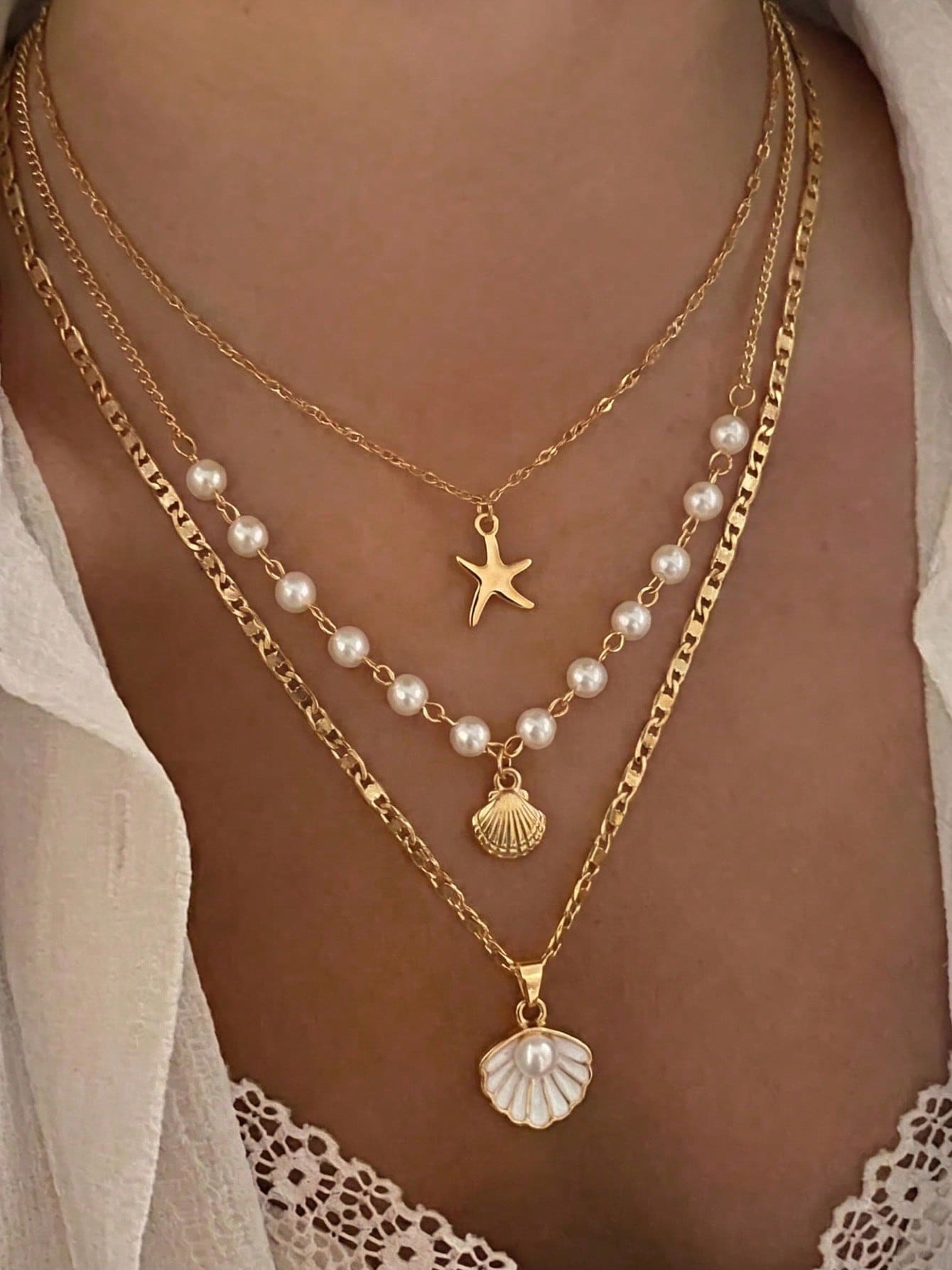 3pcs Summer Bohemian Style Faux Pearl Shell Pendant Multi-Layer Stackable Necklace Set, Suitable For Women Beach Vacation And Daily Wear, Coastal Style - Multicolor - View 1
