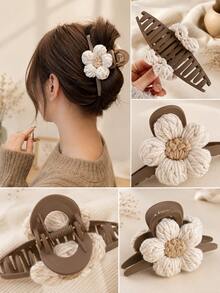 topshiny Large Knitted Flower Hair Claw Clip For Women, Elegant Floral Shark Hair Clip, Cozy Bun Hair Accessory - Multicolor - View 3