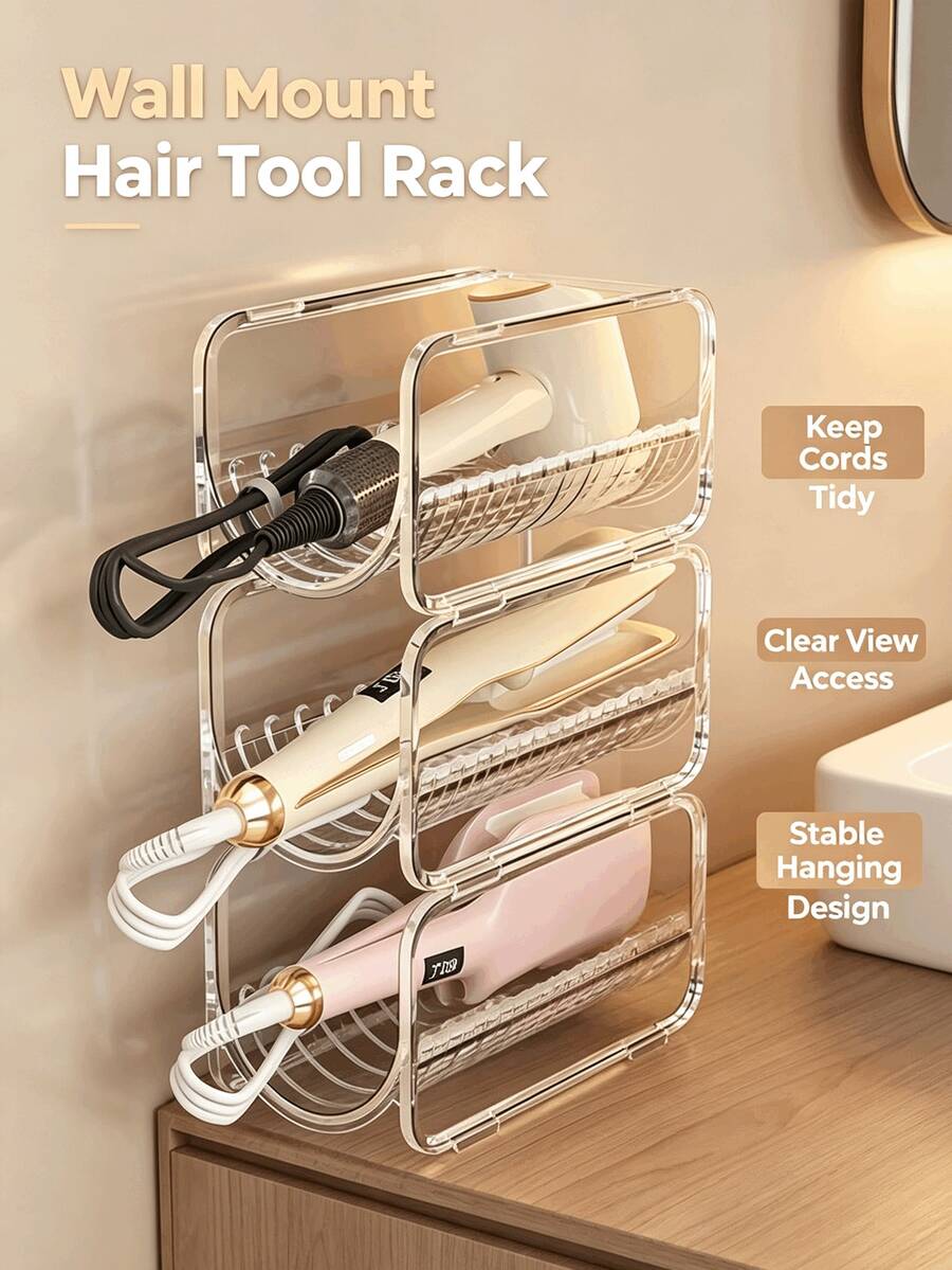 Multi-Layer Transparent Hair Accessory Storage Rack, Curling Iron And Hair Dryer Organizer, Hair Styling Tool Holder, Daily Cosmetic Storage, Rental Apartment Bathroom Storage, Travel Vanity Organizer - Multicolor - View 1