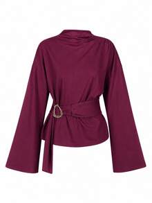 Women's Mock Neck Draped Blouse With Buckled Belt And Flared Sleeves – 224 - Burgundy - View 7
