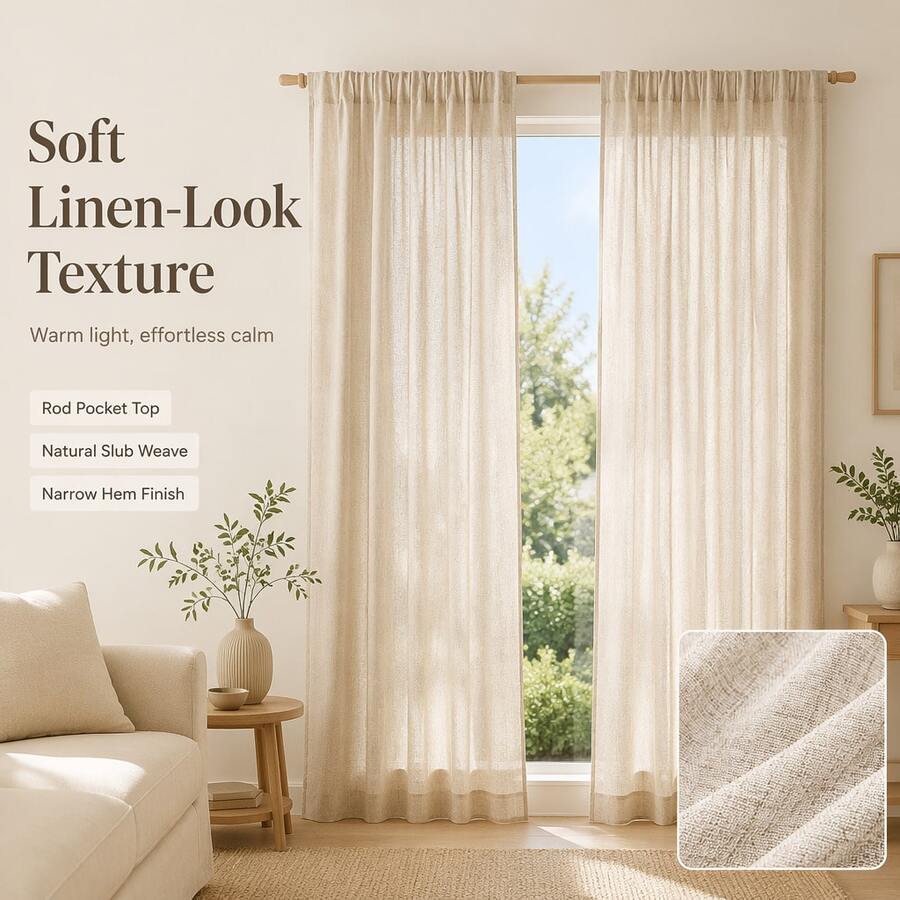 1pc Beige Solid Color Faux Linen Texture Curtain, Nordic Minimalist Style, Soft Drape, Machine Washable Durable Wrinkle-Resistant Easy Care, Soft Light Blocking Privacy Protection Curtain For Living Room And Bedroom - Beige - View 1