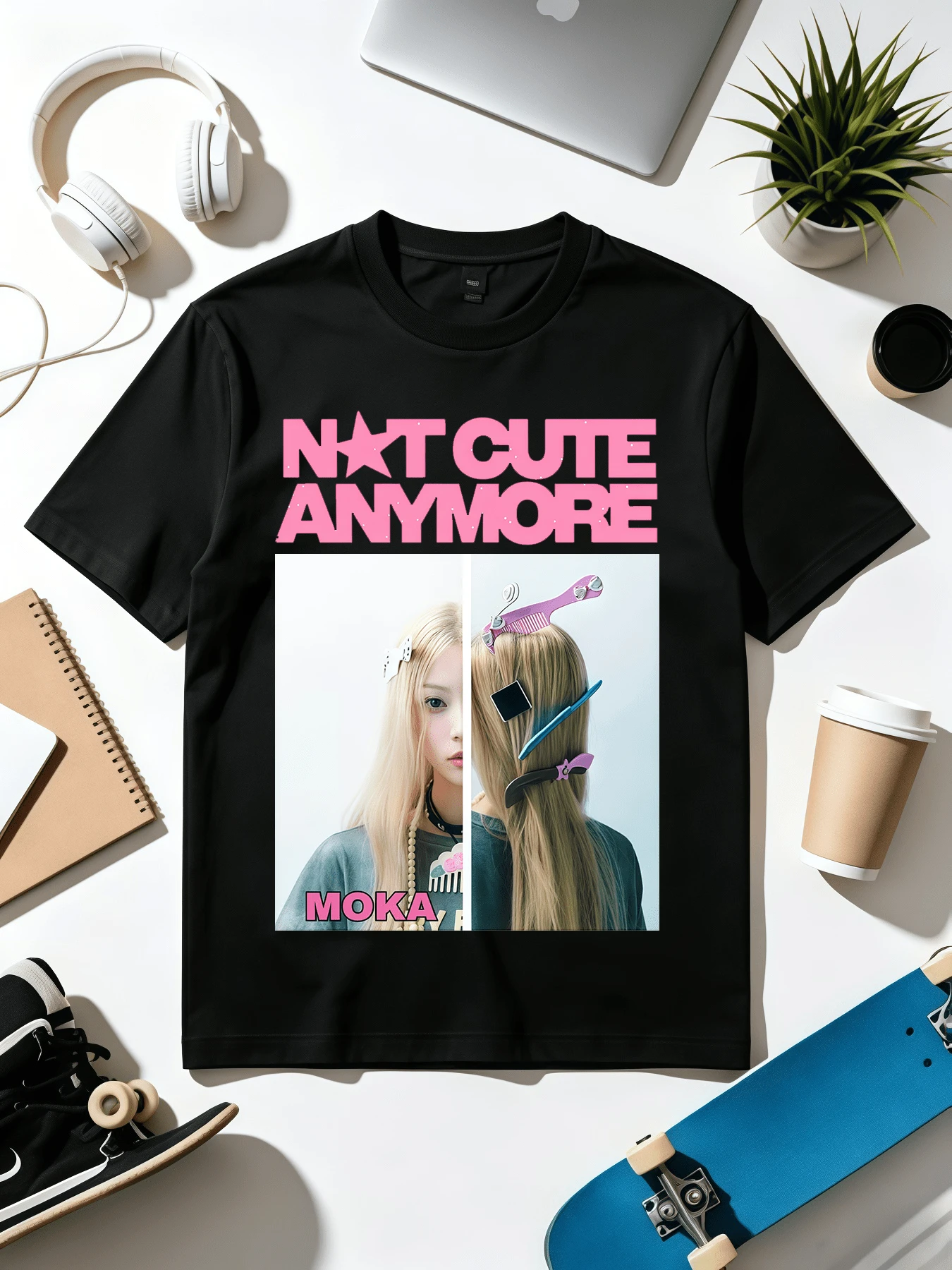 Moka Not Cute Anymore Y2K Hair Clip Aesthetic Girl T-Shirt. - Black - View 1