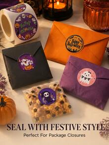 3pcs Halloween Round Sticker Rolls Assorted Ghost Pumpkin Sealing Labels For Packaging - Multicolor - View 6