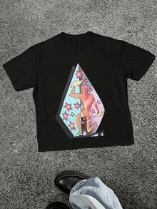 Abstrakte Sternen Grafik mit kosmischem Katzenmotiv Vintage Print TShirt Herren Baumwolle Kurzarm Oversize Streetwear Freizeit Sport Casual - Schwarz - Übersicht 3