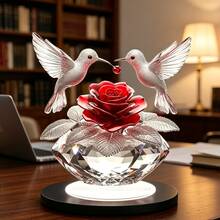 1pc Romantic Hummingbird & Rose Acrylic Desktop Ornament, 2D Flat Crystal Base Design, Atmospheric Home Living Room Bedroom Decor - A - View 5