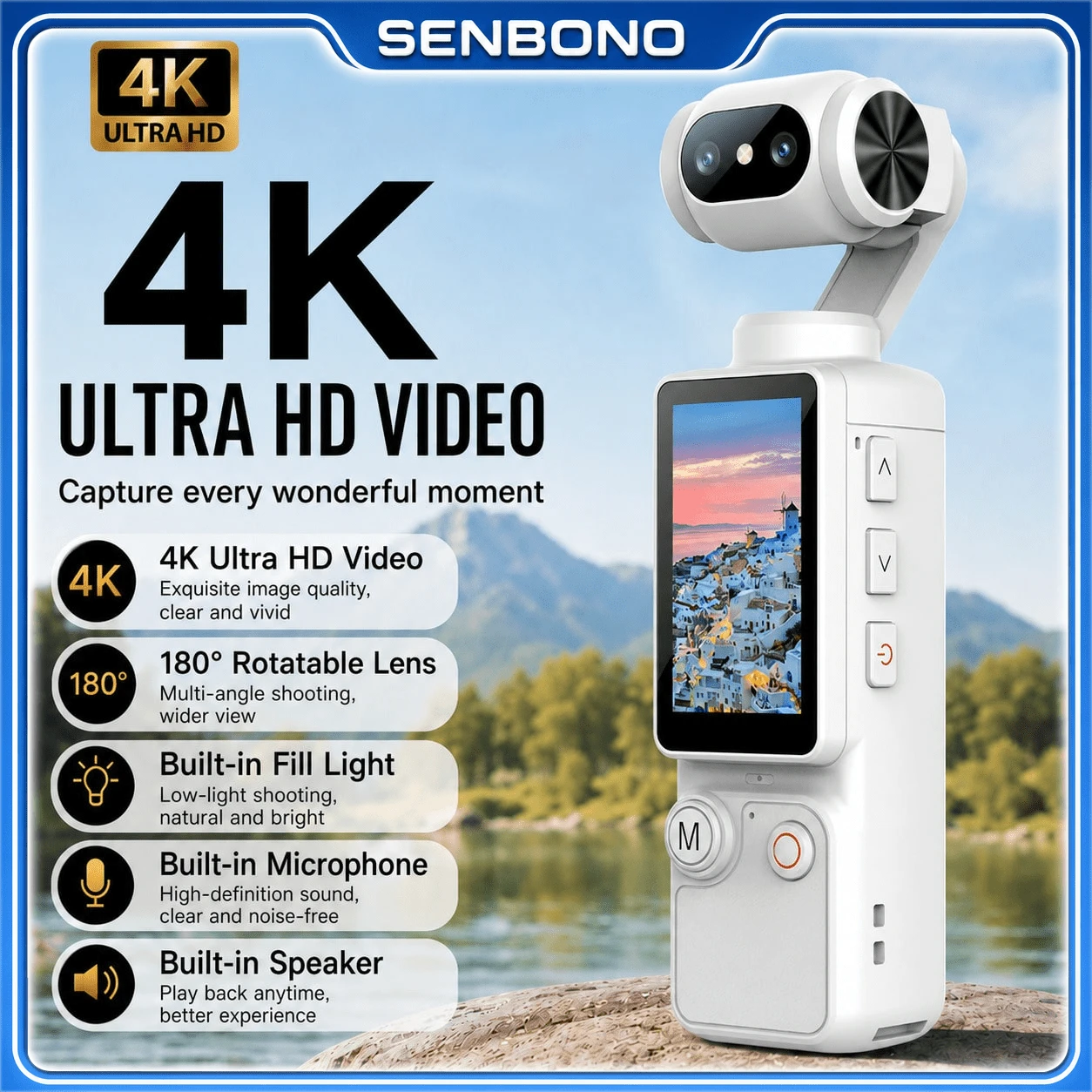 SENBONO 4K HD Video Recording Pocket Camera - 2000mAh Battery, 180° Rotating 1.9-Inch Screen, Webcam, USB-C Charging Port, Mini Audio-Video Compact Camera, Outdoor Sports Camera, Suitable For Outdoor Sports, Cycling, Travel And Other Scenes - View 1