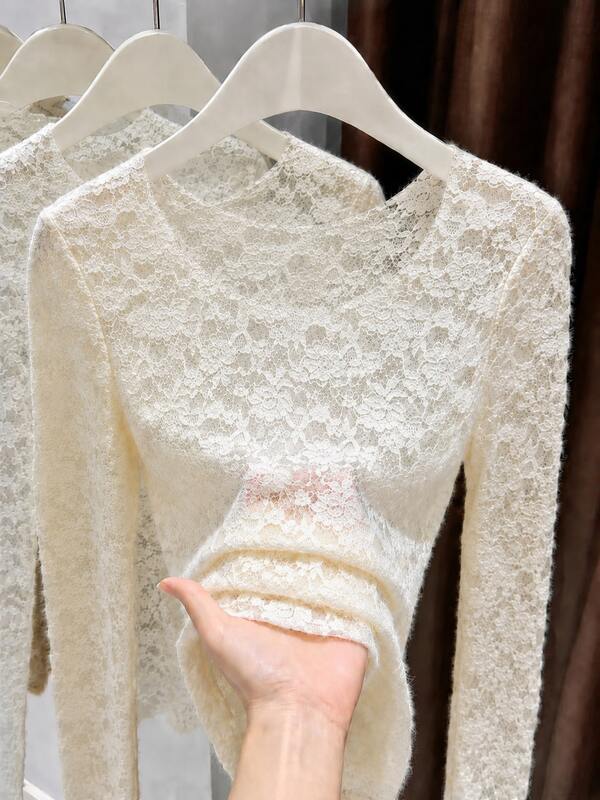 2026 New Autumn/Winter Women's Large Scoop Neck Lace Mesh Layering Top, Sheer Undershirt, Elegant Style Casual