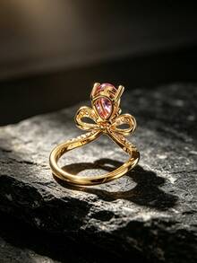 18K Gold Plated Copper Bowknot Water Drop Pink Cubic Zirconia Ring For Women, Fully Pave Diamond Ribbon Bow Pink Diamond Ring, Sweet Girl Luxury Jewelry, Suitable For Dating, Afternoon Tea, Evening Party, Valentine's Day Gift For Girlfriend, Durable Color Jewelry - Gold - View 2