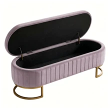 Velvet Storage Bed Bench 130 Cm - Gold Metal Legs - Upholstered Storage Bench For Bedroom Hallway Living Room - 粉色 - 查看 1