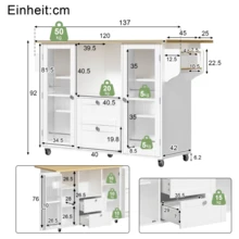 Kitchen Island On Wheels With Foldable Countertop, Freestanding Kitchen Cabinet, Serving Trolley With Storage, 2 Drawers, Spice Rack, Towel Holder, Lockable Wheels, 120 * 45 (70) * 92 Cm - View 5