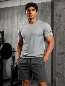 Men's Summer Ice-Cooling Elastic Ice Silk Short Sleeve Top And Quick-Dry Sports Shorts Set, Gym Sets - Grey - View 5