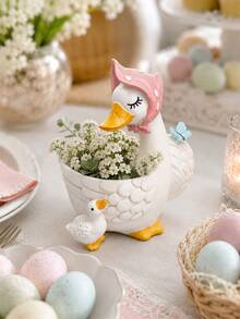 Farmhouse Style Duck Planter, Single White Resin Goose Shaped Flower Pot With Hand-Painted Hat And Bow Details, Playful Succulent Plant Container, Suitable For Kitchen Countertop, Shelf, Patio And Spring Home Decor - Multiple Styles - View 3