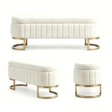 Velvet Storage Bed Bench 130 Cm - Gold Metal Legs - Upholstered Storage Bench For Bedroom Hallway Living Room - 白色 - 查看 6