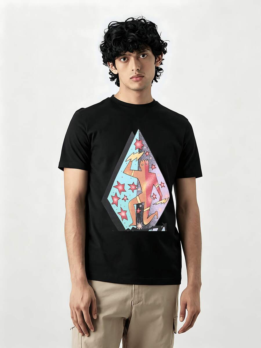 Abstrakte Sternen Grafik mit kosmischem Katzenmotiv Vintage Print TShirt Herren Baumwolle Kurzarm Oversize Streetwear Freizeit Sport Casual - Schwarz - Übersicht 1