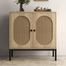 Mid Century Modern Rattan Buffet Storage Cabinet – Glass Doors, Adjustable Shelves, Wooden Sideboard Console For Entryway, Living Room, Kitchen, Or Hallway - White - View 1