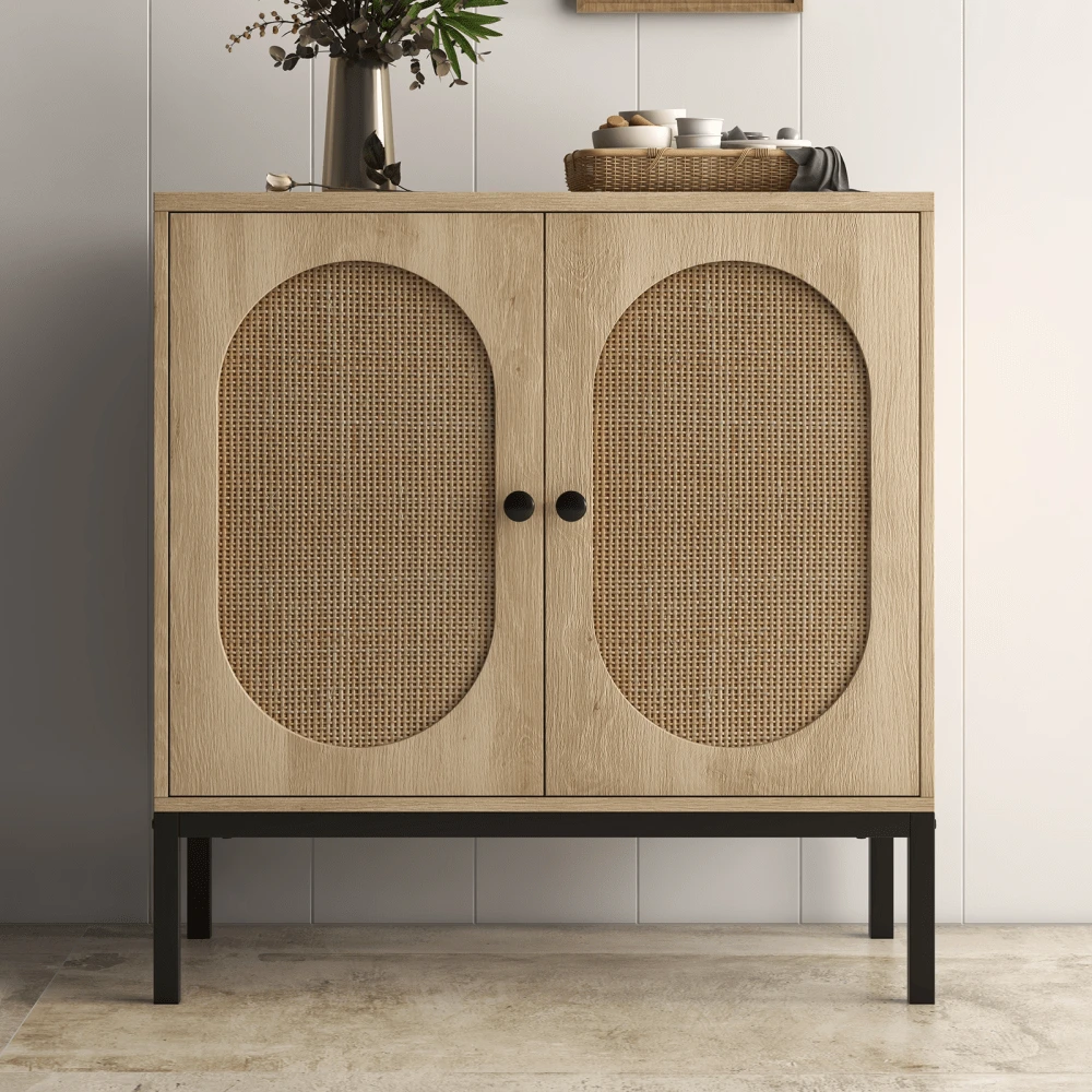 Mid Century Modern Rattan Buffet Storage Cabinet – Glass Doors, Adjustable Shelves, Wooden Sideboard Console For Entryway, Living Room, Kitchen, Or Hallway - White - View 1