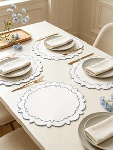 1-4pcs Gold Trim Double Layer Petal Embroidered Placemats, Korean Cream Style Fabric Round Wavy Edge Heat-Insulating Table Mats, Wedding Spring Afternoon Tea Table Decor - Multicolor - View 14