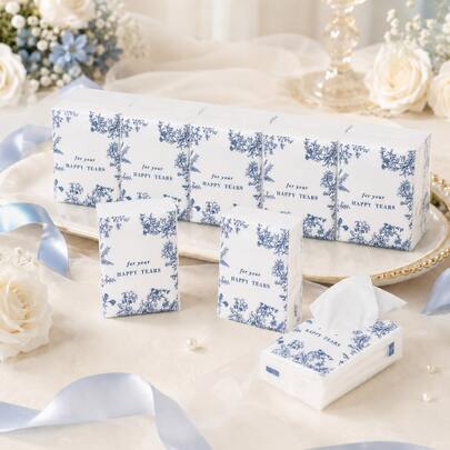 1/10/20pcs Wedding Joy Tear Pocket Tissues, 3-Ply Unscented Mini Facial Tissue Packs, 8 Sheets/Pack, Blue Floral Bride Party Napkins, Portable Handbag Travel Tissues, Suitable For Wedding Favors, Guests, Banquets, Ceremonies And Parties