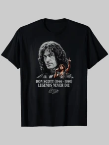 Musique Rock, T-Shirt, Motif Portrait de la Légende Bon Scott, Tissu Doux 100% Coton, pour les Fans de Rock et les Événements de Concert - Noir - Voir 1