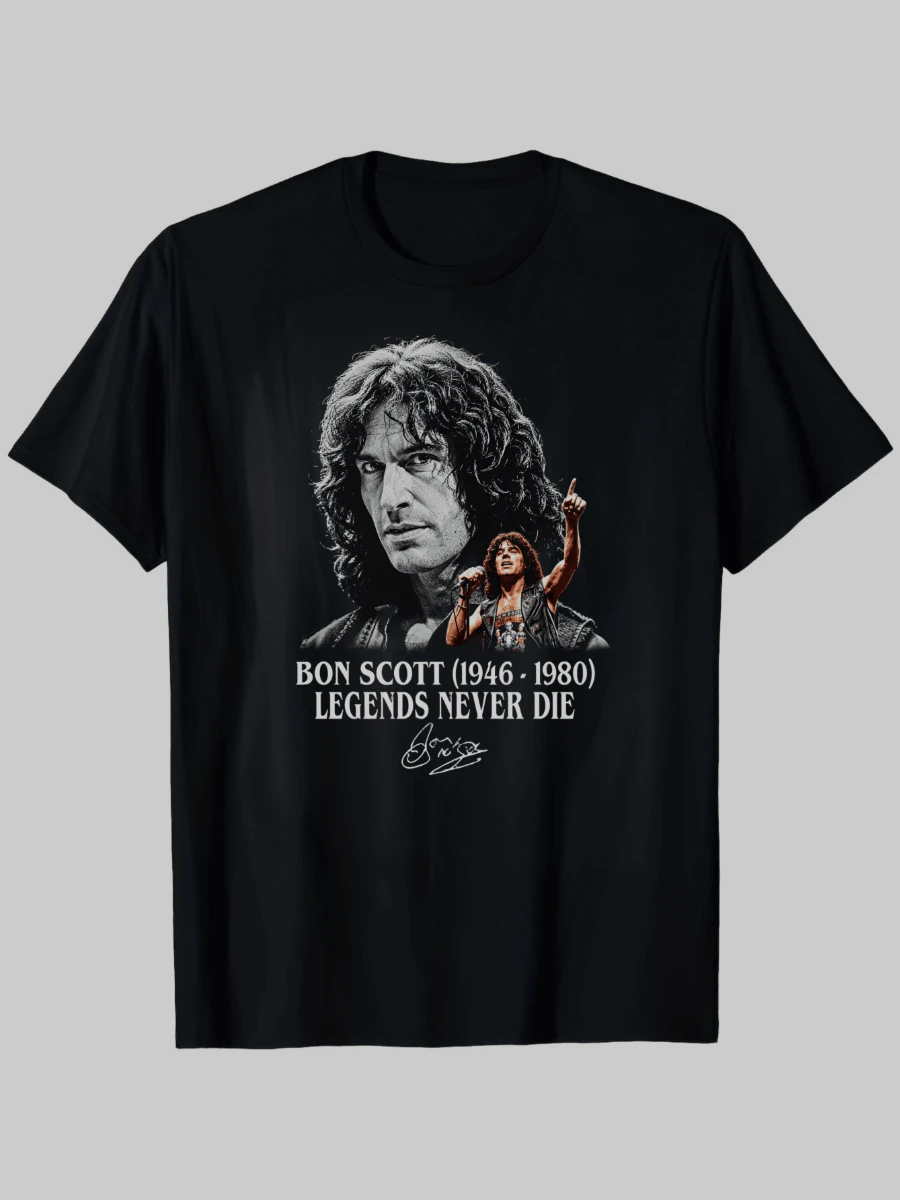 Musique Rock, T-Shirt, Motif Portrait de la Légende Bon Scott, Tissu Doux 100% Coton, pour les Fans de Rock et les Événements de Concert - Noir - Voir 1