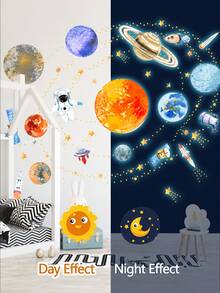 Glow In The Dark Outer Space Planet Wall Stickers, Astronaut Rocket Satellite Star Wall Decals, Removable Self-Adhesive Wall Decor, Suitable For Boys Bedroom, Ceiling Decoration - Multicolor - View 4