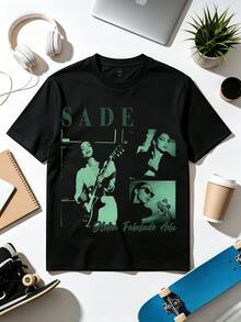 Sade Green Tone Collage Guitar Vintage Signature Music T-Shirt. - 黑色 - 查看 1