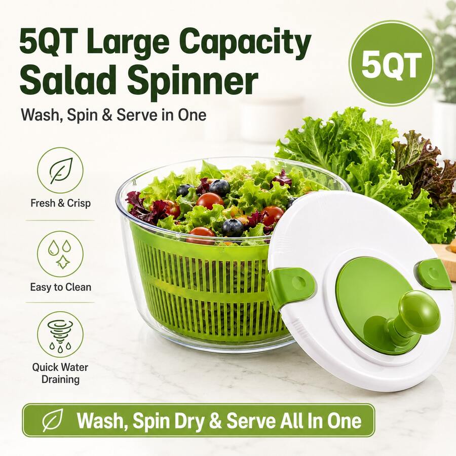 Lettuce Dryer With Drain, Manual Produce Dryer Colander Bowl With Locking Lid, 5QT Large Capacity Salad Spinner For Meal Preparation In The Kitchen.