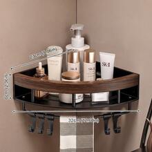 1pc No-Drill 2-Tier Bathroom Corner Shelf, Wall-Mounted With Hooks Shower Storage Rack, Waterproof Self-Adhesive Shampoo Soap Toothbrush Organizer, Large Capacity Space-Saving Storage Rack, Wood Grain Black Bathroom Kitchen Corner Shelf - Multicolor - View 13