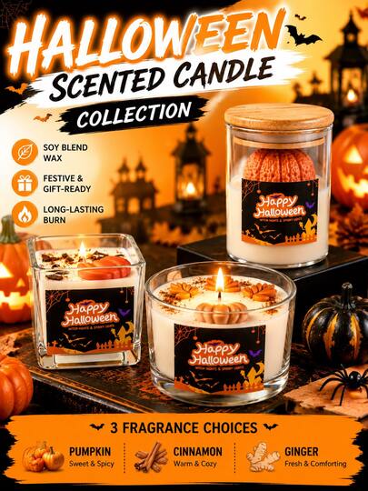 Vela de calabaza de Halloween, vela de cera de soja con aroma a canela y jengibre en tarro, decoración del hogar de otoño, fragancia estacional acogedora, vela de combustión duradera, adecuada para dormitorio, sala de estar, oficina, decoración de fiesta de vacaciones, múltiples aromas disponibles