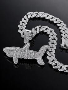 European & American Hip Hop Full Rhinestone SHARK Shark Letter Pendant Cuban Chain, Unisex Heavy Rhinestone Inlaid Thick Chain, American Rap Street Style Personalized Gold & Silver Dual Color Collarbone Accessory - Shark - View 8
