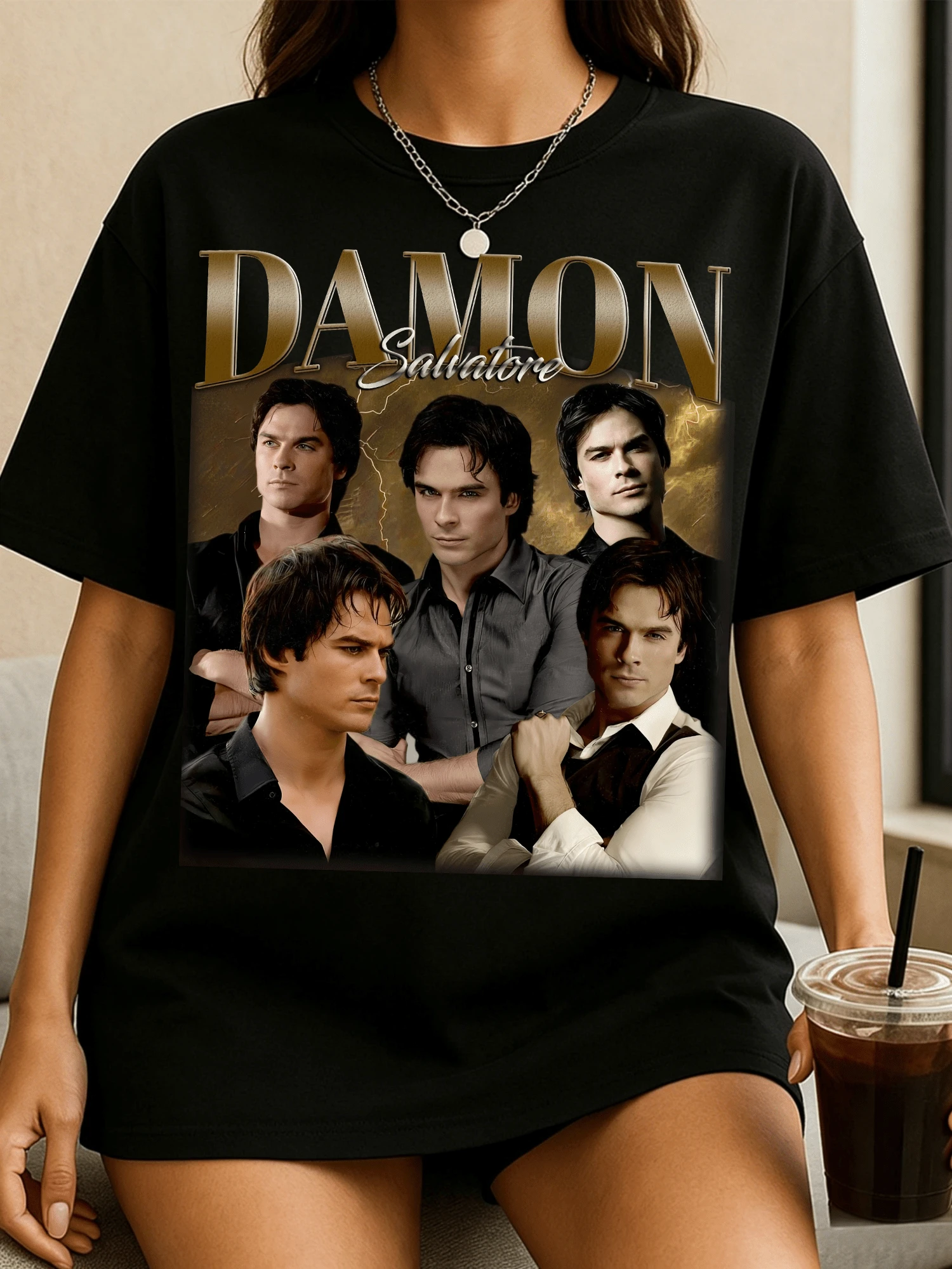 Damon Salvatore The V-VampireS Diaries Vintage 90s Bootleg T-Shirt Retro TV Show Tee - 黑色1 - 查看 1