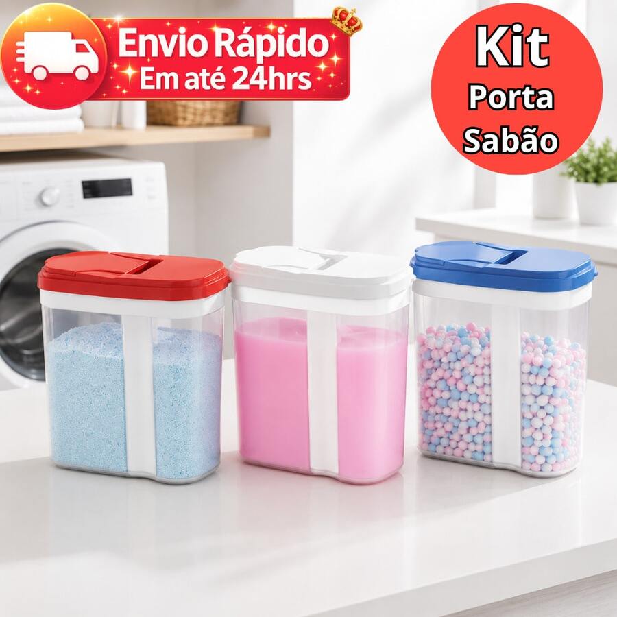 Kit 3 Porta Sabão Com Tampa Plástico Resistente Organização Lavanderia (Cores Sortidas) - Em pó - Visão 1